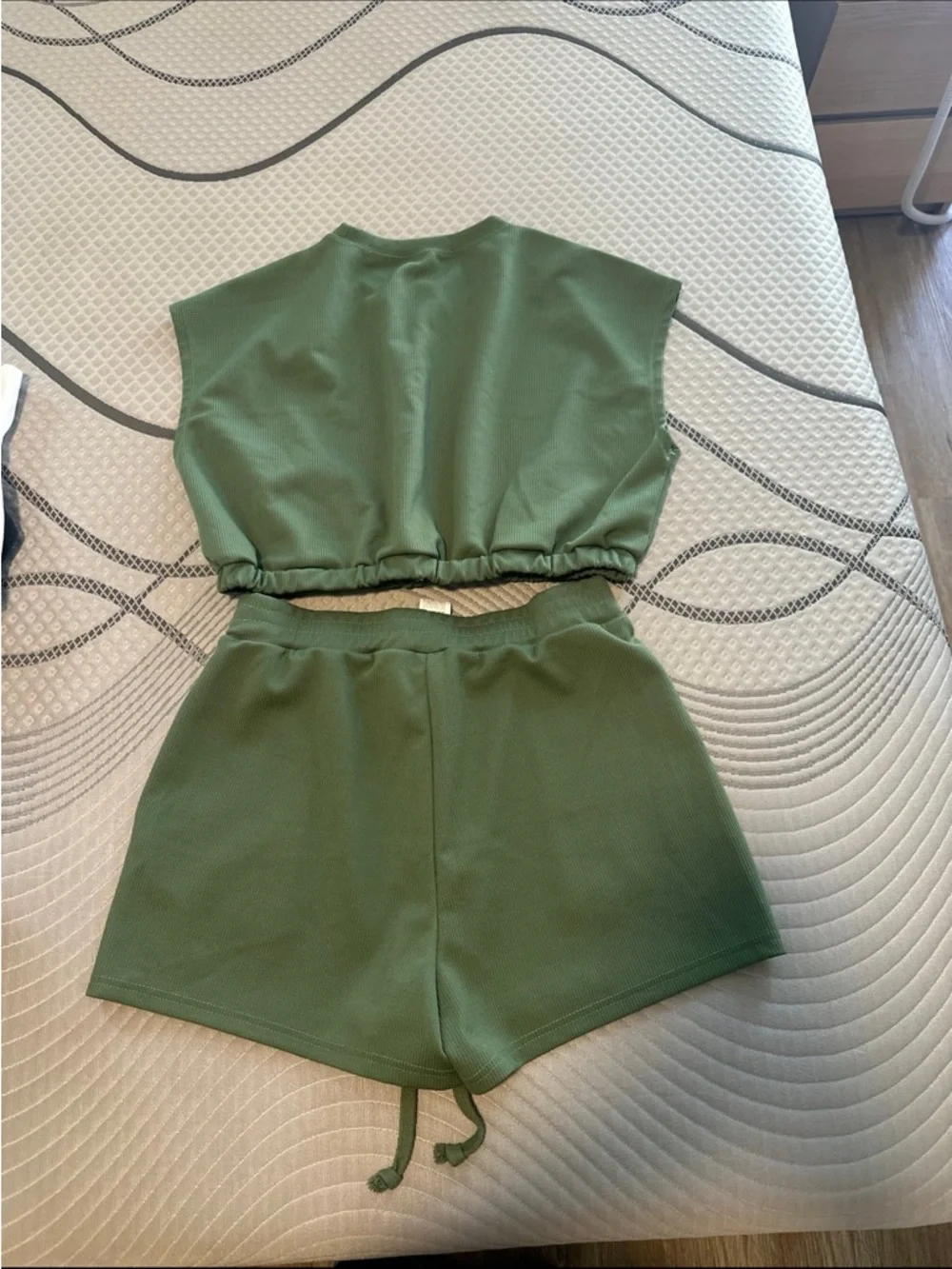 SHEIN Olive Ribbed Drawstring Shorts Set - Picture 2 of 5